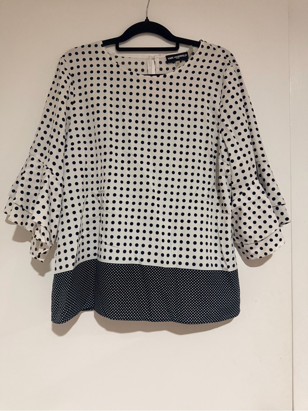 Karl Lagerfeld White and Black Polka Dot Blouse with ruffled sleeves